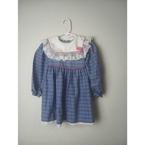 Vintage Bryan Dress Girls 4T Blue Plaid lace Collar Holiday